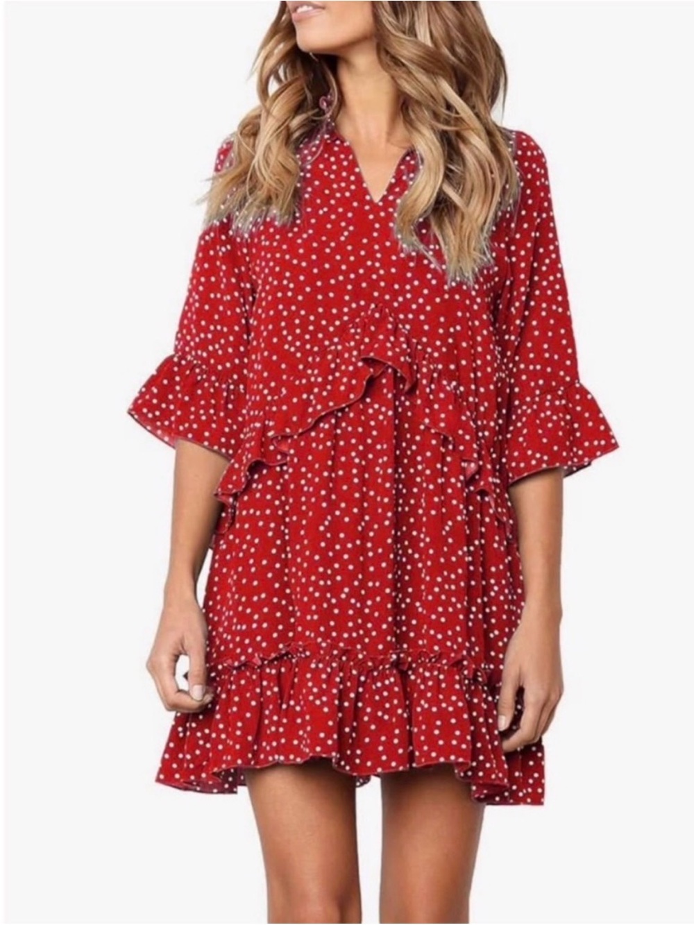 Polka Dot Ruffle Dress Size Medium Blue Red Flowy Mini Dress Women’s